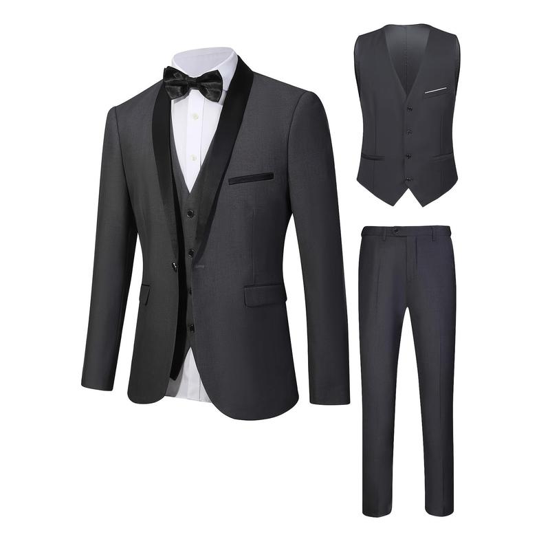 3-piece Men's Formal Dress Outfit Set - Men's Long Sleeve One Button Shawl Collar Jacket With Pockets & Slim Fit Pants Set -  For Weddings & Banquets - For Men -  Suitable for Formal Occasions