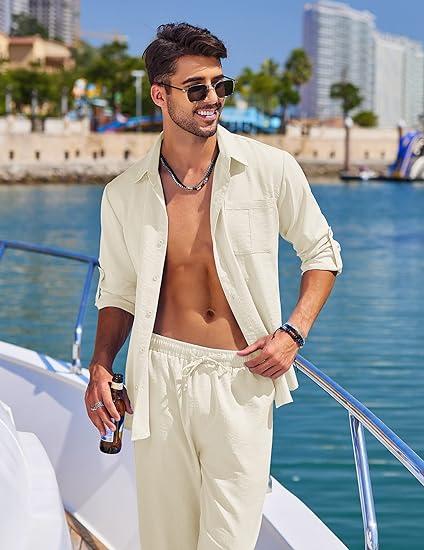 COOFANDY Men's 2 Piece Sets Casual Long Sleeve Button Down Cuban Shirt and Loose Pants Set Beach Vacation Outfits Menswear Soft Classic