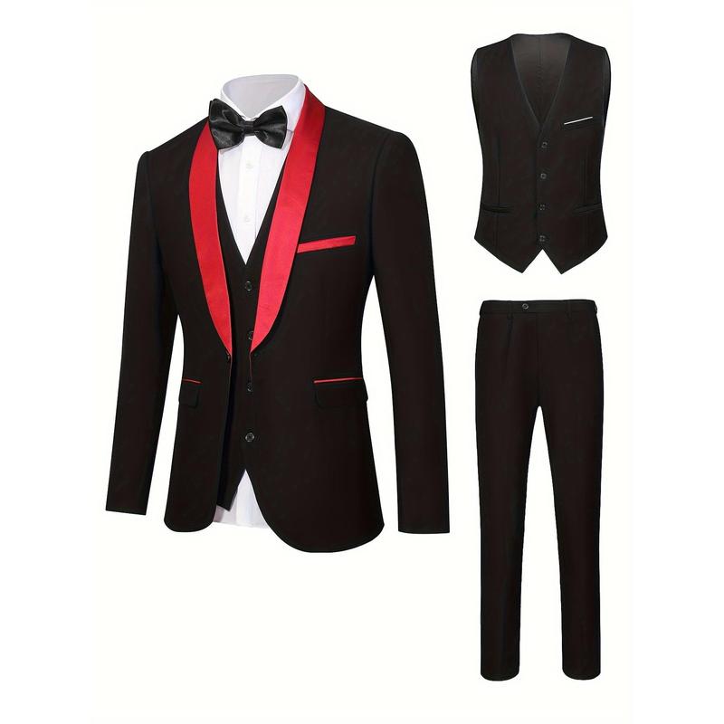 3-piece Men's Formal Dress Outfit Set - Men's Long Sleeve One Button Shawl Collar Jacket With Pockets & Slim Fit Pants Set -  For Weddings & Banquets - For Men -  Suitable for Formal Occasions