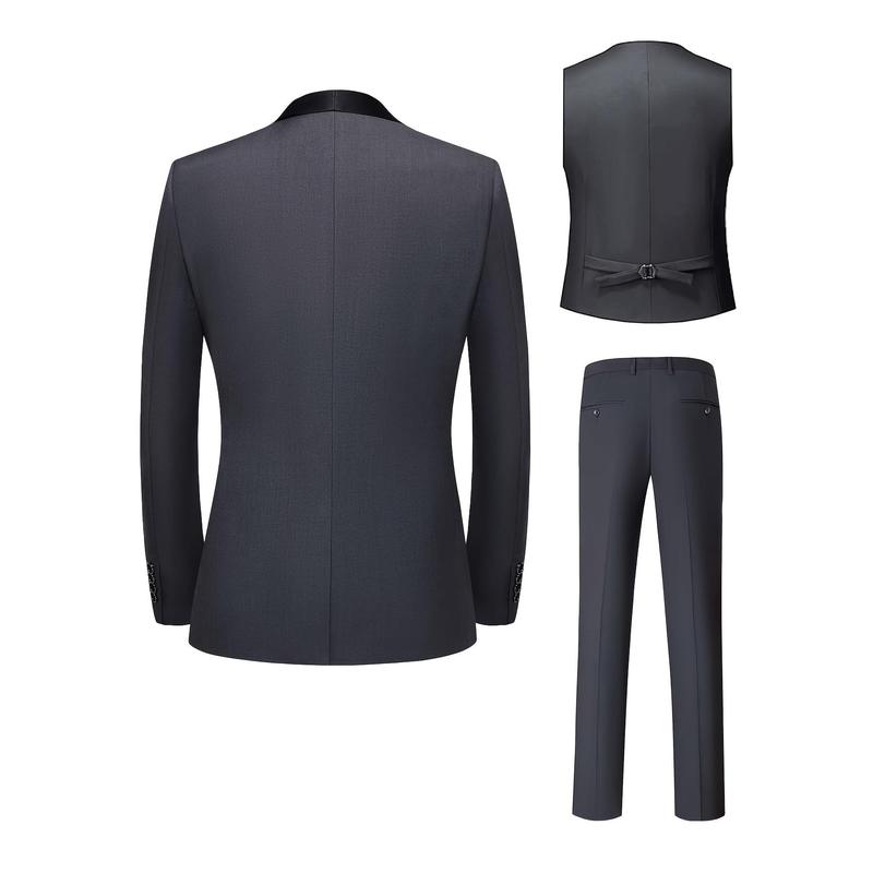 3-piece Men's Formal Dress Outfit Set - Men's Long Sleeve One Button Shawl Collar Jacket With Pockets & Slim Fit Pants Set -  For Weddings & Banquets - For Men -  Suitable for Formal Occasions