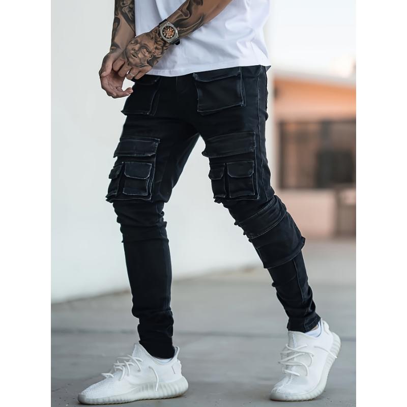 Stylish Multi-Pocket Skinny Fit Cargo Denim Pants - Fashionable Street Wear with Multiple Compartments, Comfortable Leisure Trousers for Everyday Activities - Versatile, Durable, and Fashion-Forward Design Jean