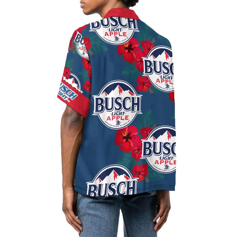 Hawaii Shirt Busch Light Apple Logo Hibiscus Flower Pattern Blue Red Hawaiian Aloha Shirt