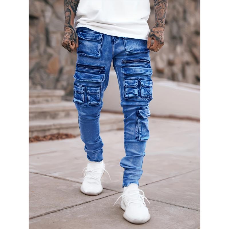 Stylish Multi-Pocket Skinny Fit Cargo Denim Pants - Fashionable Street Wear with Multiple Compartments, Comfortable Leisure Trousers for Everyday Activities - Versatile, Durable, and Fashion-Forward Design Jean