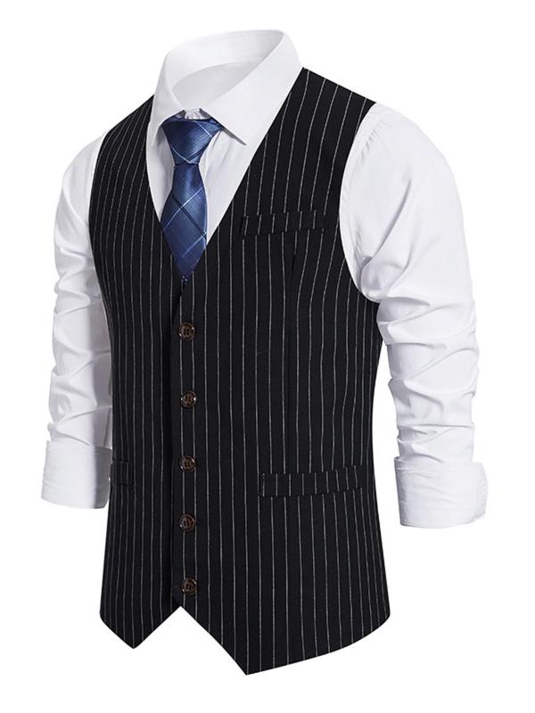 Men's Slim Striped Print Button Front Suit Vest Without Shirt & Tie, Business Formal V Neck Suit Vest for Daily Office Work Wear, Men's Clothing for Spring & Fall