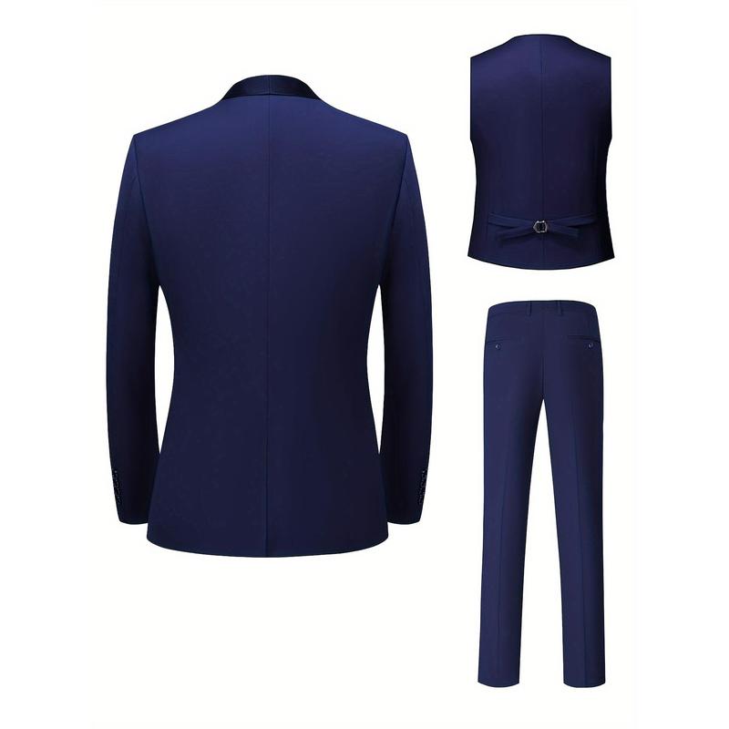 3-piece Men's Formal Dress Outfit Set - Men's Long Sleeve One Button Shawl Collar Jacket With Pockets & Slim Fit Pants Set -  For Weddings & Banquets - For Men -  Suitable for Formal Occasions