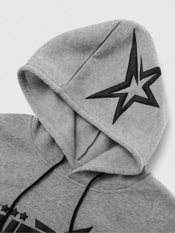 Men's Letter & Star Print Drop Shoulder Pocket Hoodie & Side Stripe Drawstring Waist Sweatpants Two-piece Set, Casual Fashion Breathable Drawstring Hooded Sweatshirt & Pocket Sweatpants Set for Daily Wear, Men's Clothes for Spring & Fall