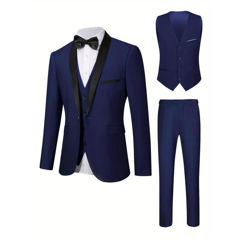 3-piece Men's Formal Dress Outfit Set - Men's Long Sleeve One Button Shawl Collar Jacket With Pockets & Slim Fit Pants Set -  For Weddings & Banquets - For Men -  Suitable for Formal Occasions