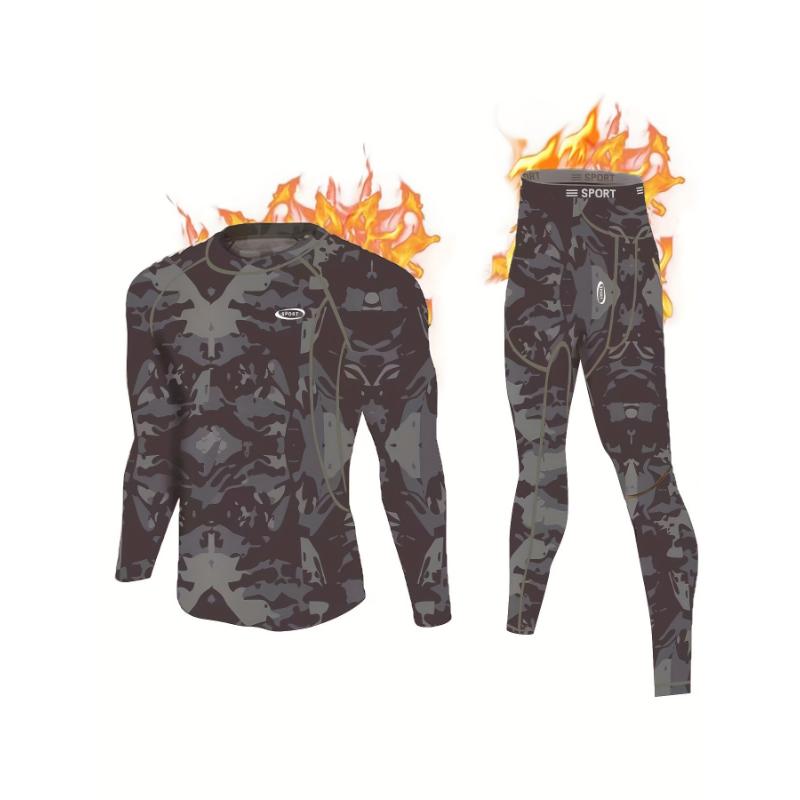 Thickened Camouflage Print Thermal Underwear For Men, Long Johns Set With Fleece, Winter Hunting Outdoor Running Cycling Ski Equipment Sports Yoga Fitness Base Layer Sport Top & Bottom