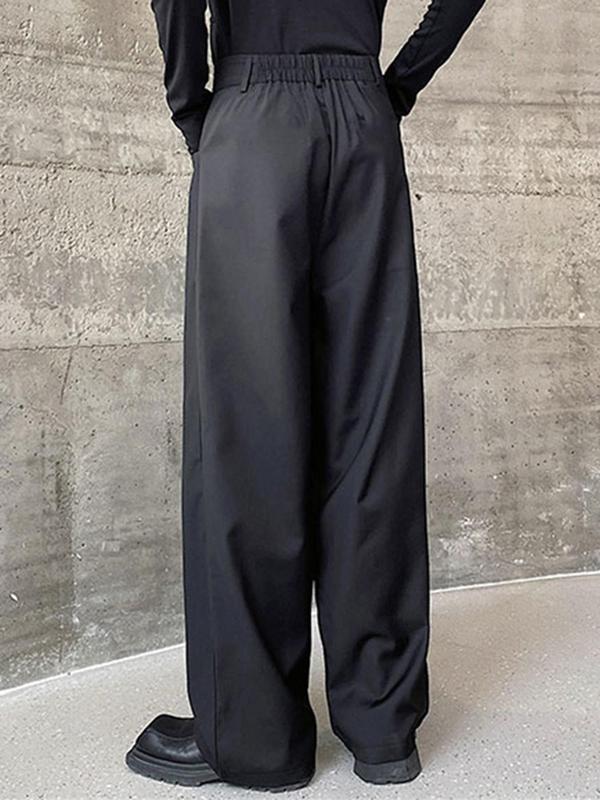 Men's Solid Pocket Plicated Wide Leg Pants, Loose Casual Comfy Elastic Waist Trousers for Fall, Men Bottoms for Daily Wear