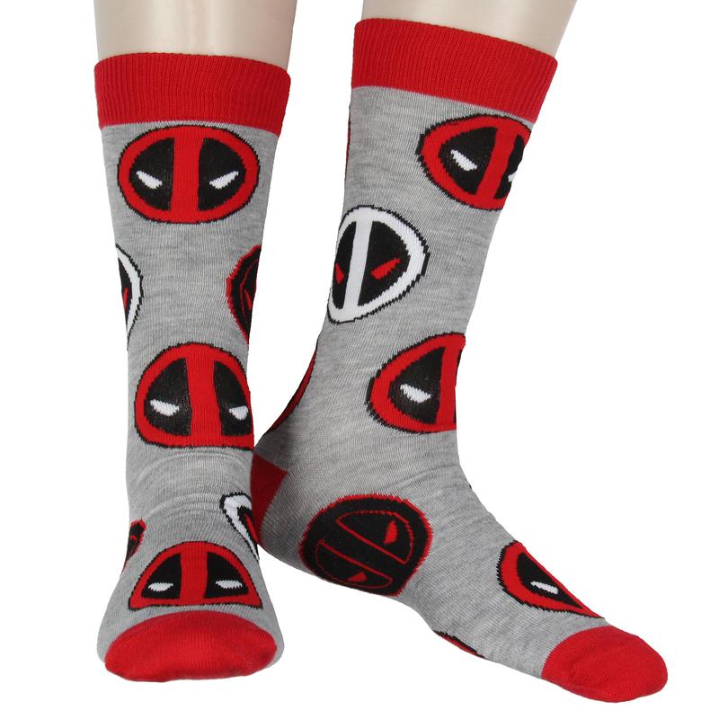 Deadpool Socks Marvel Comics Deadpool Character Face and Logo X-Force Novelty 2 Pack Men's Knit Crew Socks Shoe Size 6-12