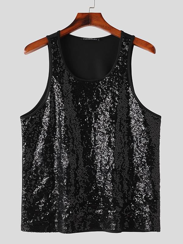 Men's Glitter Sequin Scoop Neck Tank Top, Casual Sleeveless T-Shirt for Summer Outdoor Wear, Fashion Men's Clothes