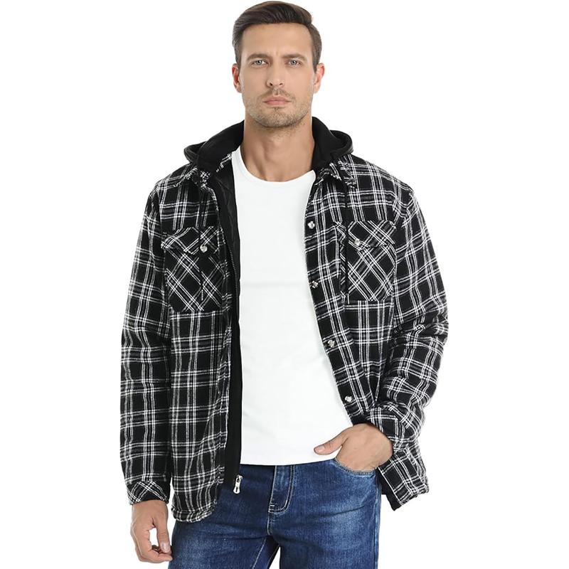 Flannel Jackets for Men Long Sleeve Plaid Shirt Jacket Quilt Lined Hooded with Button Down Winter Coat Menswear Longsleeves Casual Pocket Classic Cotton Sports Medium Polyester Stylish