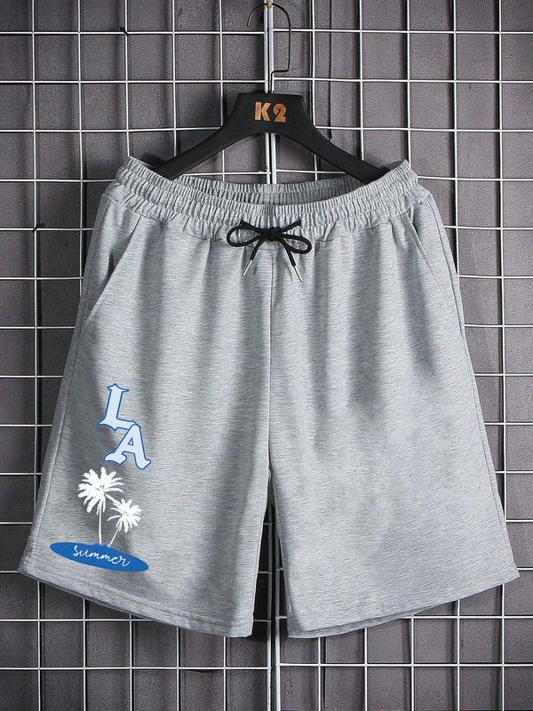 Men's Letter & Tree Print Drawstring Shorts, Los Angeles Coconut Print Summer Shorts Casual Vacation Street Style, Summer Clothes Loose Casual Elastic Waist Pocket Shorts for Summer, Summer Outfits 2024 Shorts, Men's Bottoms for Daily Wear, Men's Clothing