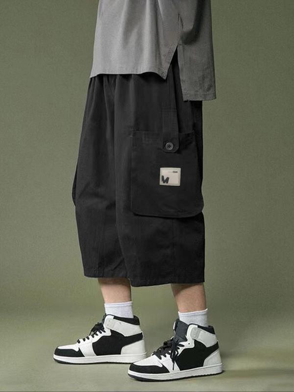 Men's Loose Letter Patched Flap Pocket Drawstring Wide Leg Cargo Capris Pants, Summer Outfits, Casual Street Elastic Waist Trousers for Daily Wear, Mens Bottoms for All Seasons