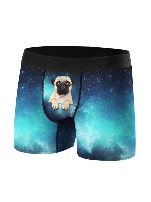 Men's Galaxy & Dog Print Boxer Brief, Casual Soft Comfortable Breathable Underwear For All Seasons, Men's Underwear For Daily Wear