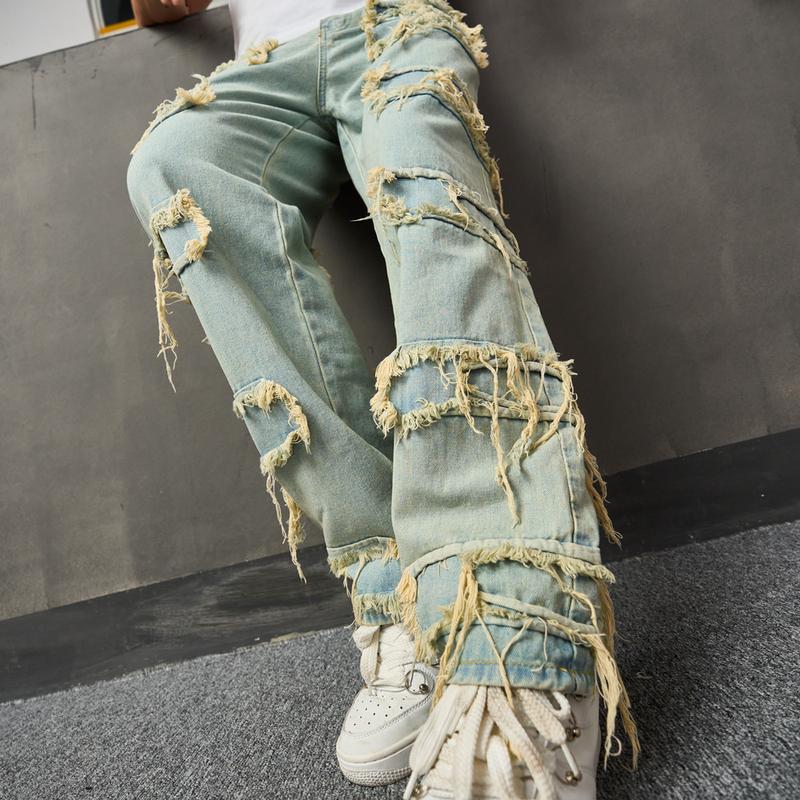 Men's Wide-Leg Jeans Straight Leg Carpenter Denim Pants Loose fit Trousers Men   Casual Loose Jeans  Menswear Underwear Human Pocket Beige Plain