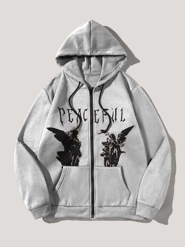 Unisex Men's Letter & Angel Print Zip Up Warm Hoodie, Casual Drawstring Pocket Long Sleeve Hooded Sweatshirt Pullover for Fall, Essentials Hoodie, Back To School Emo Streetwear Outfits, Menswear, Fall Outfits, Earthtone Fallfreshness Essentials Hoodie