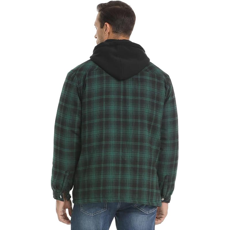 Flannel Jackets for Men Long Sleeve Plaid Shirt Jacket Quilt Lined Hooded with Button Down Winter Coat Menswear Longsleeves Casual Pocket Classic Cotton Sports Medium Polyester Stylish