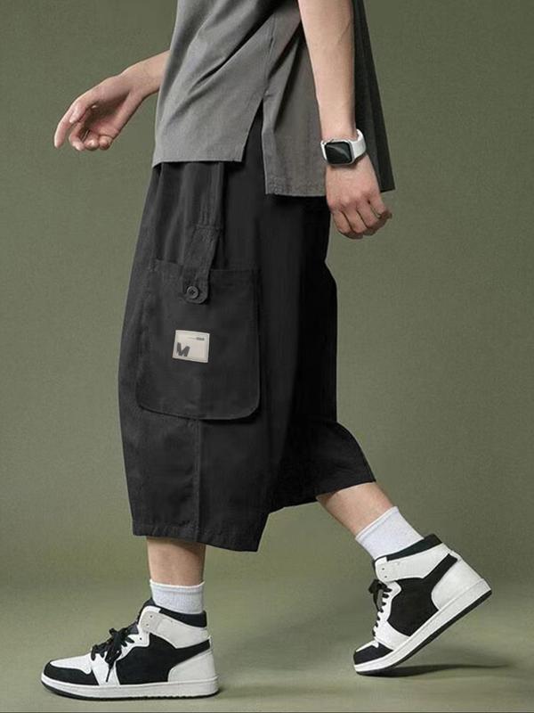 Men's Loose Letter Patched Flap Pocket Drawstring Wide Leg Cargo Capris Pants, Summer Outfits, Casual Street Elastic Waist Trousers for Daily Wear, Mens Bottoms for All Seasons