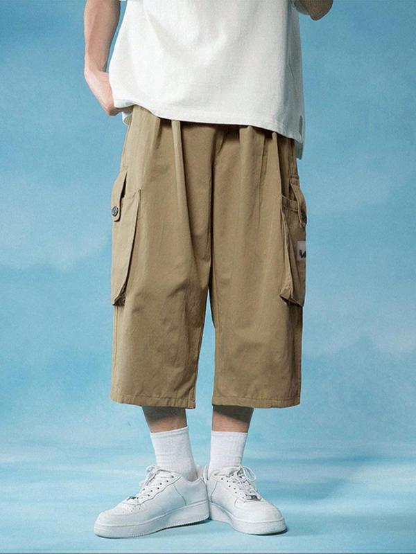 Men's Loose Letter Patched Flap Pocket Drawstring Wide Leg Cargo Capris Pants, Summer Outfits, Casual Street Elastic Waist Trousers for Daily Wear, Mens Bottoms for All Seasons