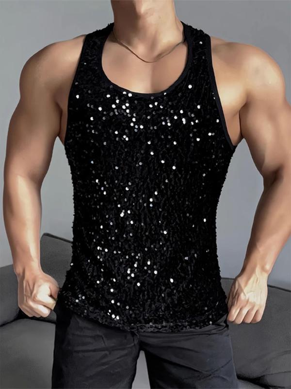 Men's Glitter Sequin Scoop Neck Tank Top, Casual Sleeveless T-Shirt for Summer Outdoor Wear, Fashion Men's Clothes