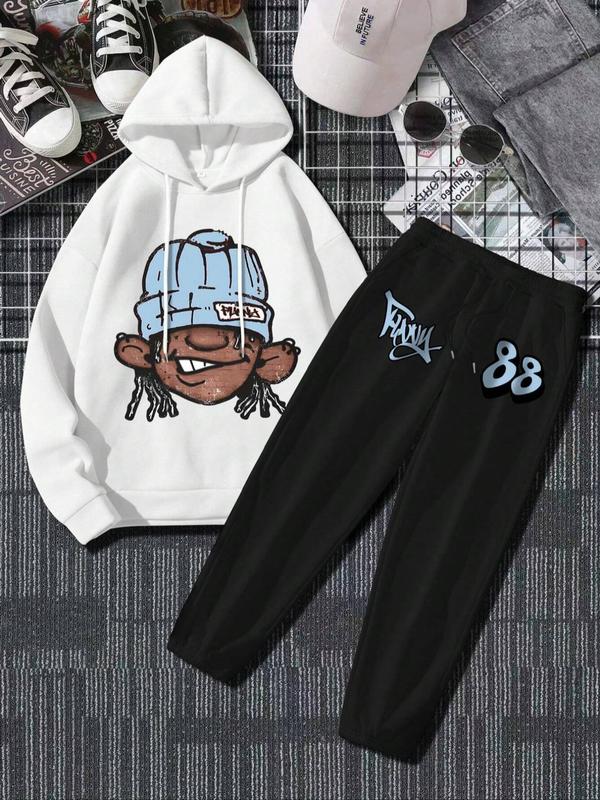 Men's Cartoon Figure Print Hoodie & Drawstring Waist Sweatpants Two-piece Set, Regular Fit Casual Long Sleeve Hooded Sweatshirt & Pocket Jogger Pants, Men's Fall & Winter Clothes