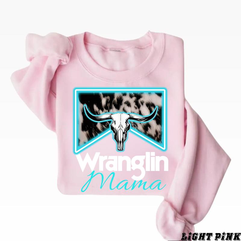 Wranglin Mama Sweatshirt - Bold Western Design with Cow Skull and Neon Accents, Perfect for Country Style Fans and Rodeo Enthusiasts, Unisex Sweatshirt for Casual and Rustic Vibes Menswear Hoodie Sweaters  Underwear  Pullover Long Sleeve Wetsuit Crewneck