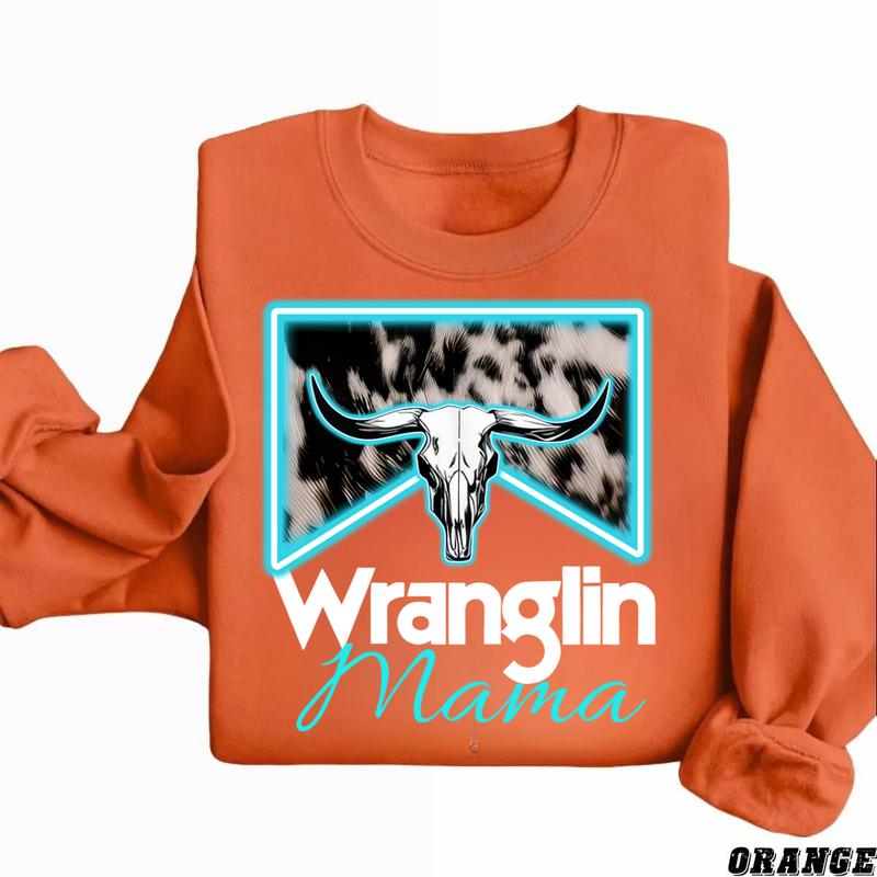 Wranglin Mama Sweatshirt - Bold Western Design with Cow Skull and Neon Accents, Perfect for Country Style Fans and Rodeo Enthusiasts, Unisex Sweatshirt for Casual and Rustic Vibes Menswear Hoodie Sweaters  Underwear  Pullover Long Sleeve Wetsuit Crewneck