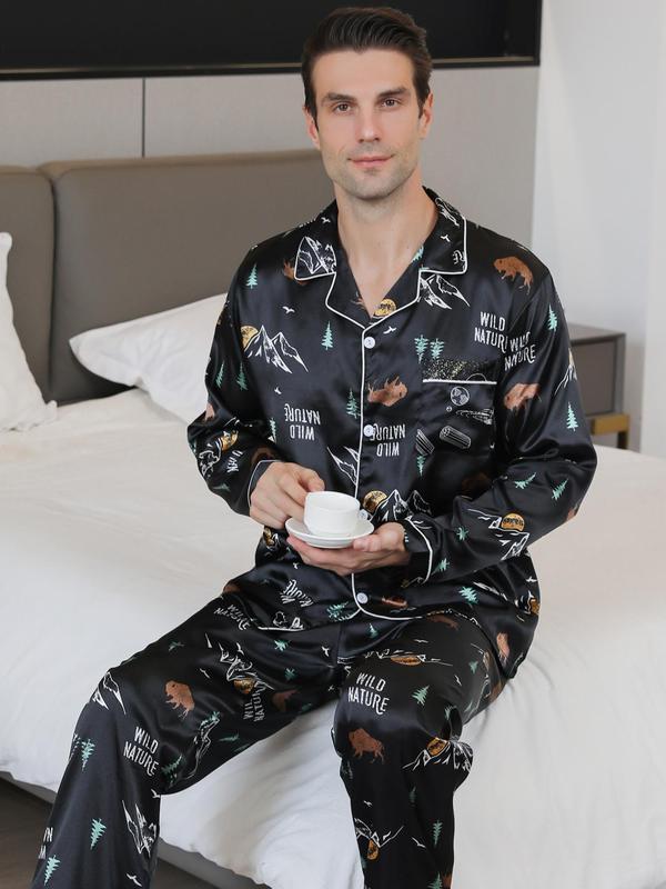 Men's Regular Fit Butterfly Leaf Print Lapel Pocket Shirt & Elastic Waist Pants Pyjama Set, Casual Comfortable Silk Cloth Loungewear Set, Sleepwear & PJ Set