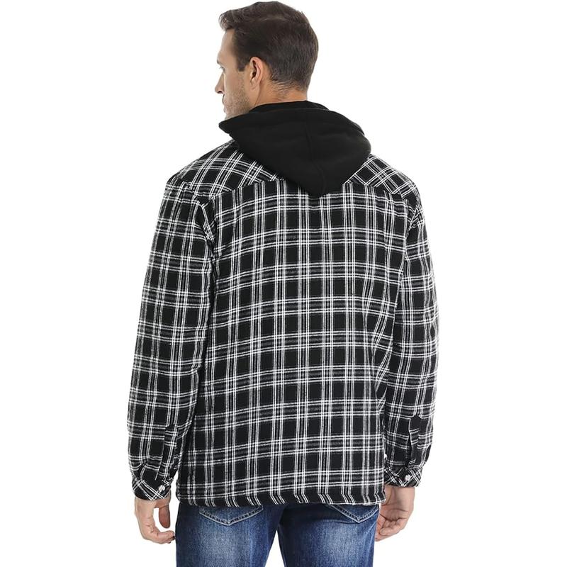 Flannel Jackets for Men Long Sleeve Plaid Shirt Jacket Quilt Lined Hooded with Button Down Winter Coat Menswear Longsleeves Casual Pocket Classic Cotton Sports Medium Polyester Stylish