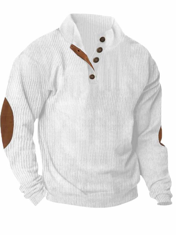 Men's Solid Button Front Top, Regular Fit Casual Long Sleeve Collared Pullover for Fall & Winter, Men's Clothes for Daily Wear