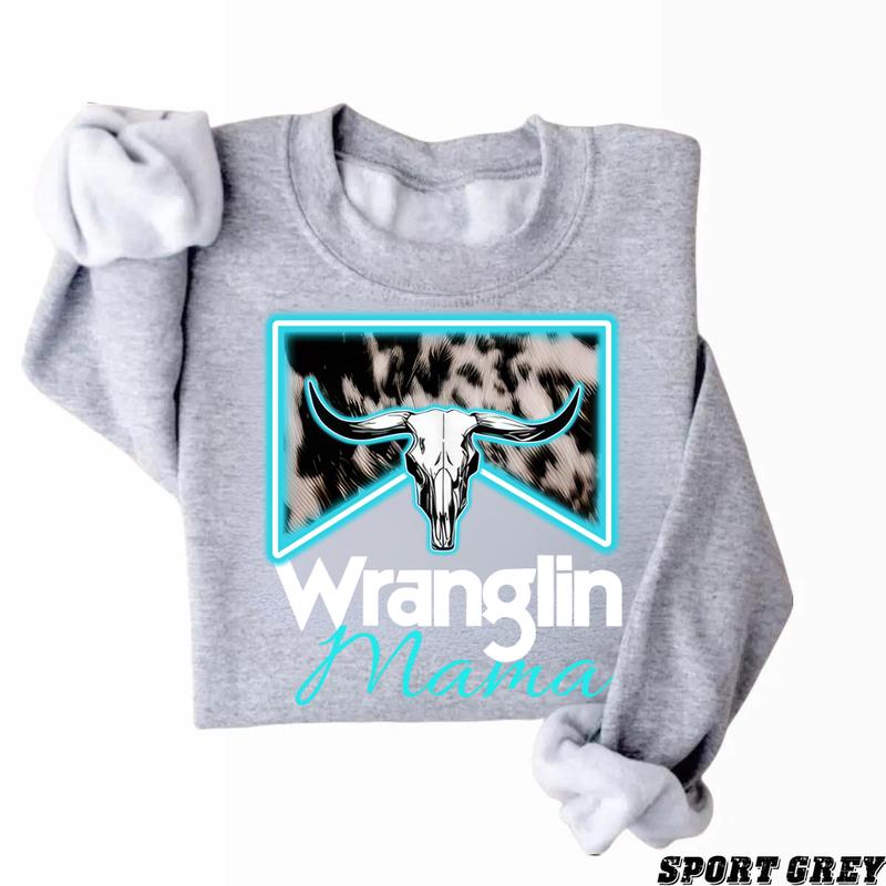 Wranglin Mama Sweatshirt - Bold Western Design with Cow Skull and Neon Accents, Perfect for Country Style Fans and Rodeo Enthusiasts, Unisex Sweatshirt for Casual and Rustic Vibes Menswear Hoodie Sweaters  Underwear  Pullover Long Sleeve Wetsuit Crewneck