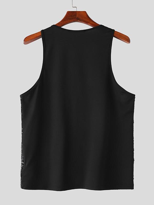 Men's Glitter Sequin Scoop Neck Tank Top, Casual Sleeveless T-Shirt for Summer Outdoor Wear, Fashion Men's Clothes