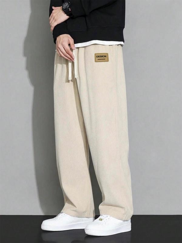 Men's Letter Patched Drawstring Waist Corduroy Pants, Regular Fit Casual Comfy Straight Leg Trousers for Fall & Winter, Men's Bottoms for Daily Wear