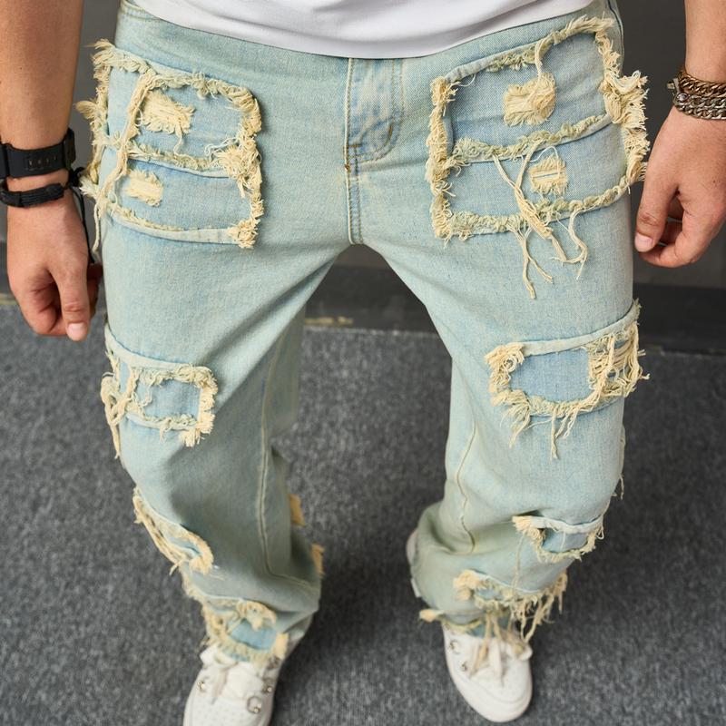 Men's Wide-Leg Jeans Straight Leg Carpenter Denim Pants Loose fit Trousers Men   Casual Loose Jeans  Menswear Underwear Human Pocket Beige Plain