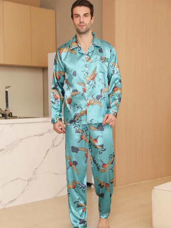 Men's Regular Fit Butterfly Leaf Print Lapel Pocket Shirt & Elastic Waist Pants Pyjama Set, Casual Comfortable Silk Cloth Loungewear Set, Sleepwear & PJ Set