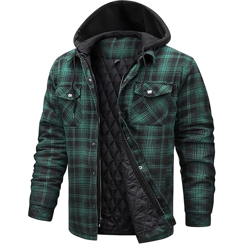 Flannel Jackets for Men Long Sleeve Plaid Shirt Jacket Quilt Lined Hooded with Button Down Winter Coat Menswear Longsleeves Casual Pocket Classic Cotton Sports Medium Polyester Stylish