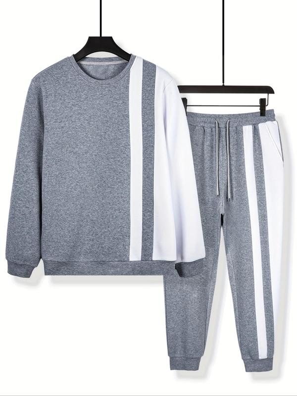 Two-Piece Set Men's Colorblock Sweatshirt & Drawstring Waist Sweatpants, Regular Fit Casual Round Neck Long Sleeve Pullover & Pocket Jogger Pants for Fall & Winter, Men's Outfits for Daily Wear, Fall Outfits, Fallfreshness, Men's 2 Piece Sets