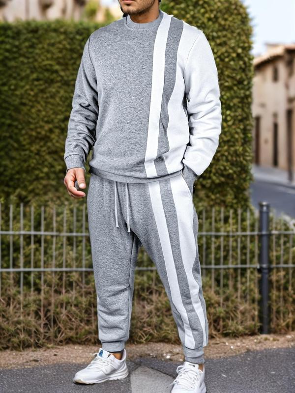 Two-Piece Set Men's Colorblock Sweatshirt & Drawstring Waist Sweatpants, Regular Fit Casual Round Neck Long Sleeve Pullover & Pocket Jogger Pants for Fall & Winter, Men's Outfits for Daily Wear, Fall Outfits, Fallfreshness, Men's 2 Piece Sets