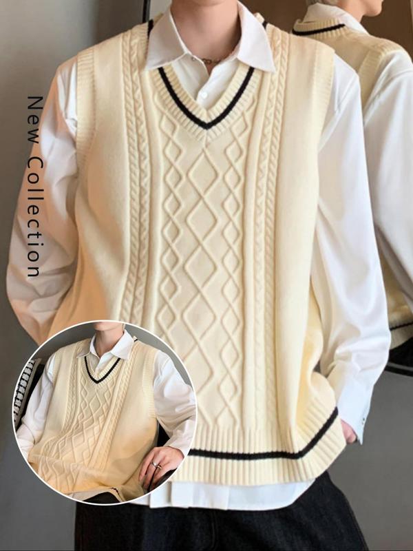 Men's Striped Trim Textured V Neck Sweater Vest without Shirt, Regular Fit Preppy Style Casual Sleeveless Jumper Vest for Fall, Fashion Men's Knitwear for Daily Wear