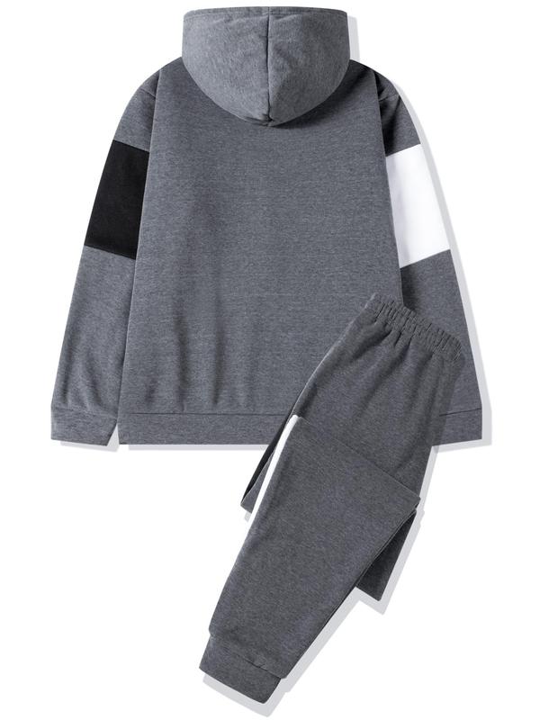 Men's Colorblock Pocket Side Stripe Two-Piece Set, Regular Fit Casual Long Sleeve Hooded Top & Drawstring Jogger Pants, Men's Outfits for Daily Wear