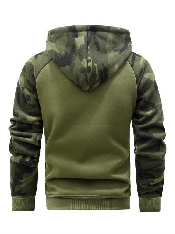 Men's Camo Patchwork Pocket Thermal Lined Zip Up Hooded Sports Coat, Regular Fit Casual Long Sleeve Drawstring Outerwear for Fall & Winter, Men's Sportswear for Gym Workout Running