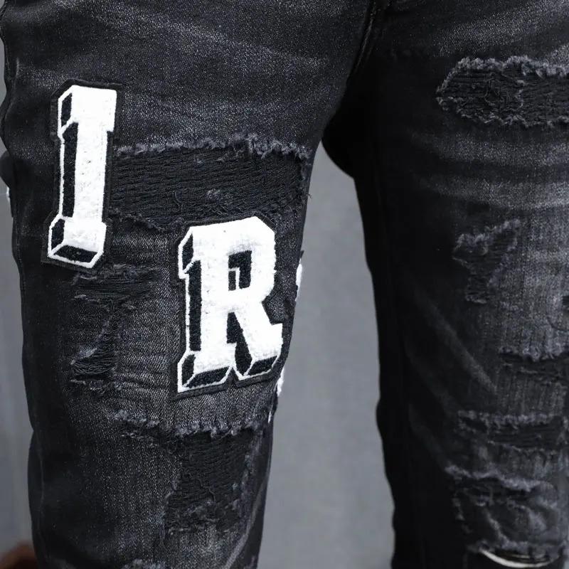 New fashion designer men's jeans stretch slim fit retro black embroidered ripped patch jeans High Street hip-hop brand pants Hom