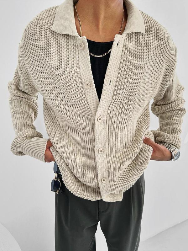 Men's Solid Button Front Drop Shoulder Cardigan, Loose Casual Long Sleeve Collared Knitwear for Fall & Winter, Men's Knit Clothing for Daily Wear