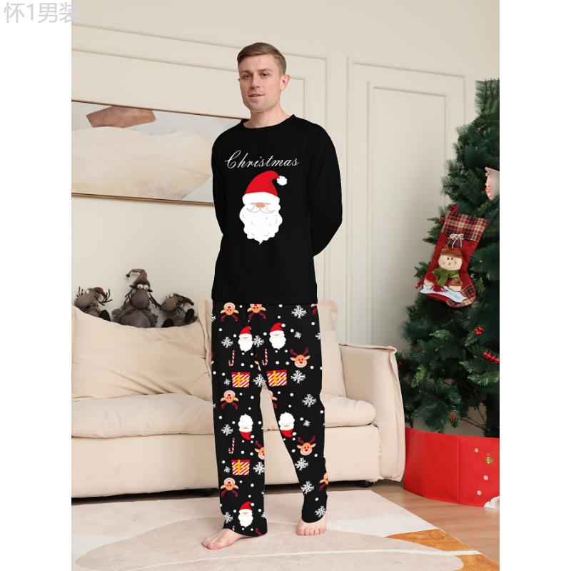 Men's Cozy Christmas Santa-Themed Pajama Set - Long Sleeve, Round Neck Top & Pants, Polyester Blend, Machine Washable - Perfect for Fall Winter Fabric Loungewear Menswear Nightwear Collar Stretch Homewear Pjs Pyjamas Sweat