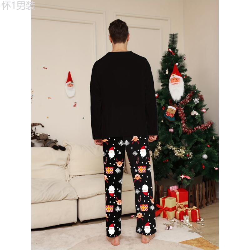 Men's Cozy Christmas Santa-Themed Pajama Set - Long Sleeve, Round Neck Top & Pants, Polyester Blend, Machine Washable - Perfect for Fall Winter Fabric Loungewear Menswear Nightwear Collar Stretch Homewear Pjs Pyjamas Sweat