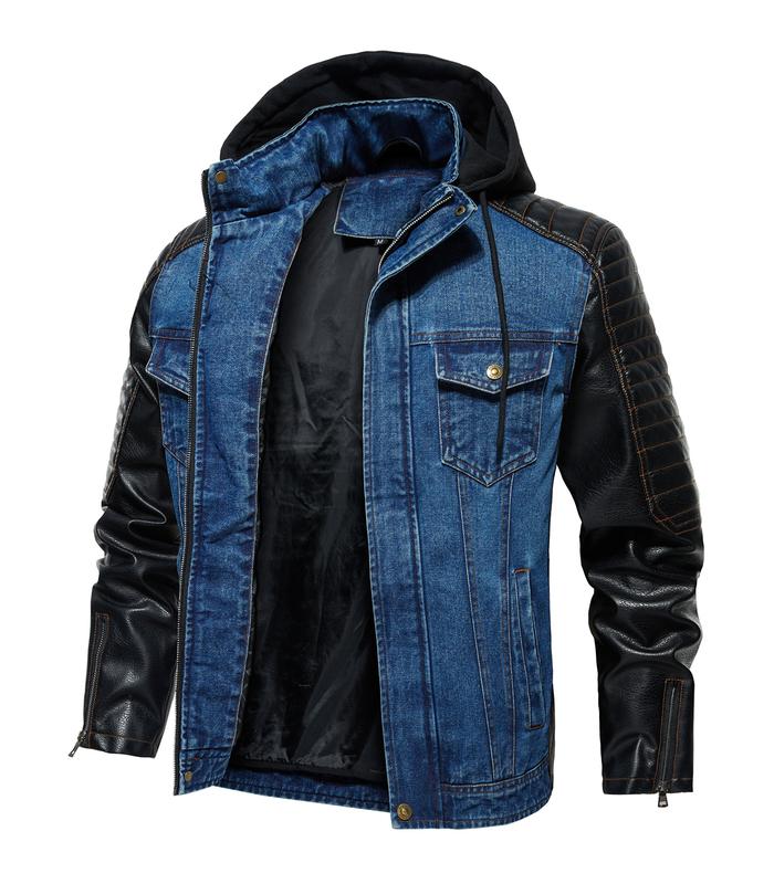 INVACHI Men's Denim Jacket Hooded Jean Jacket with Faux Leather Patchwork Lightweight Jacket with Detachable Hood