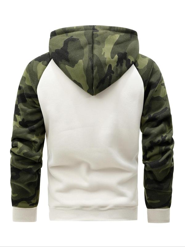 Men's Camo Patchwork Pocket Thermal Lined Zip Up Hooded Sports Coat, Regular Fit Casual Long Sleeve Drawstring Outerwear for Fall & Winter, Men's Sportswear for Gym Workout Running