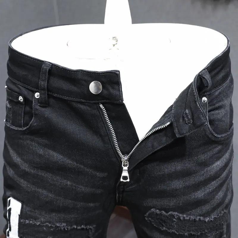 New fashion designer men's jeans stretch slim fit retro black embroidered ripped patch jeans High Street hip-hop brand pants Hom