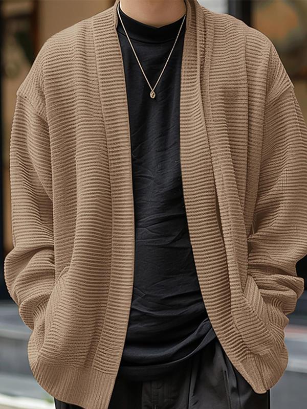 Men's Solid Color Drop Shoulder Cardigan, Loose Casual Long Sleeve Open Front Knitwear for Fall & Winter, Men's Knit Clothing for Daily Wear